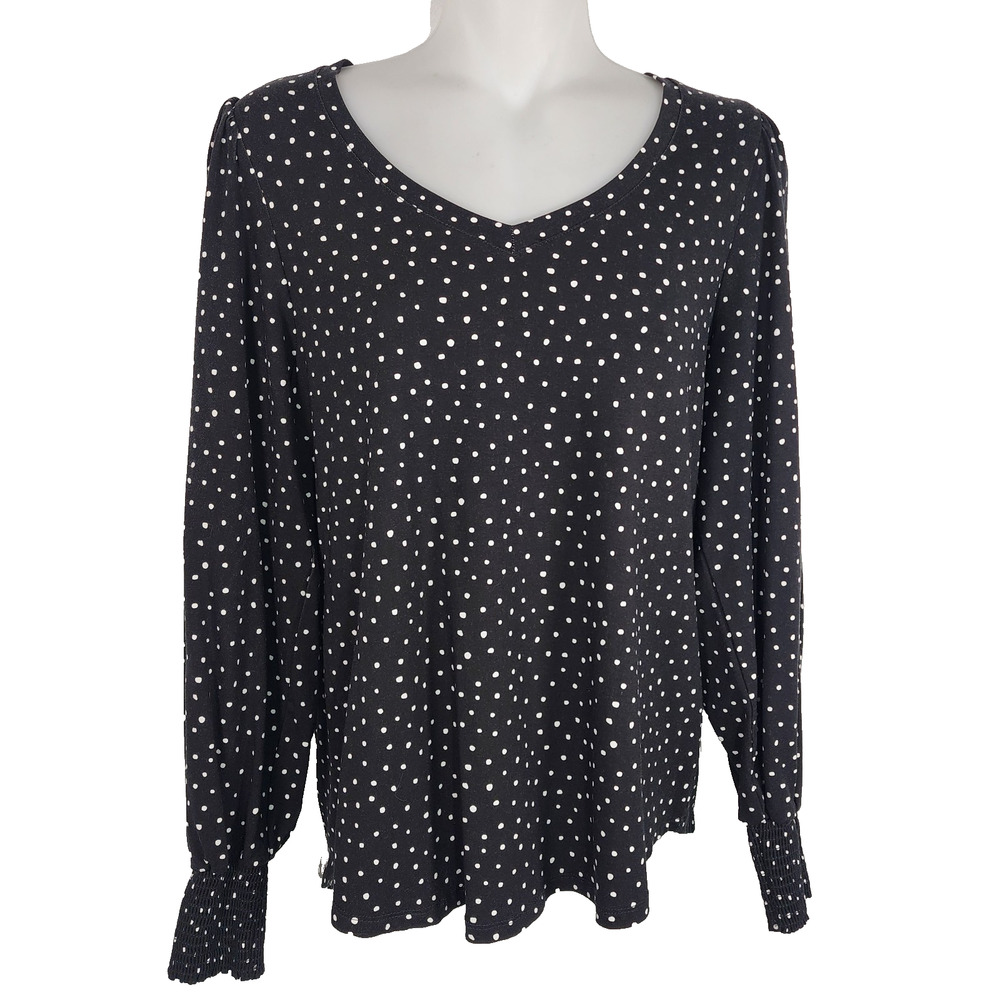 Chico's Womens Top Small Black White Polka Dot Smocked Cuff Long Sleeve V Neck